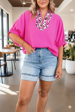 Load image into Gallery viewer, Dolman Half Sleeve Leopard Patchwork Trim V Neck Blouse
