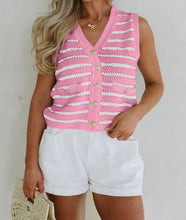 Load image into Gallery viewer, Stripe V Neck Gold Button Sweater
