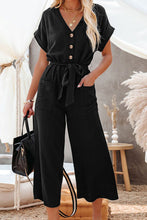 Load image into Gallery viewer, Button Belted V Neck Wide Leg Pocketed Jumpsuit
