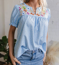 Load image into Gallery viewer, Floral Embroidered Puff Sleeve Notched V Neck Blouse
