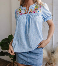 Load image into Gallery viewer, Floral Embroidered Puff Sleeve Notched V Neck Blouse
