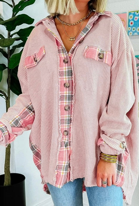 Plaid Raw Edge High Low Waffle Knit Oversized Shacket