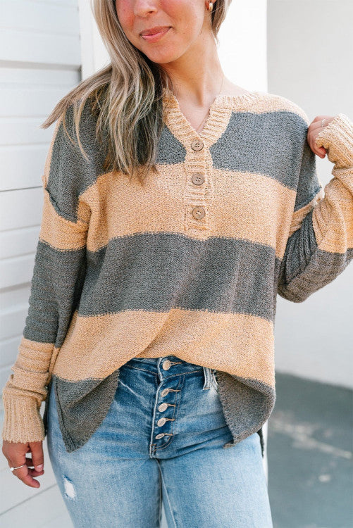 Striped Side Split Henley Sweater