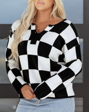 Load image into Gallery viewer, Checked Notched Neckline Drop Shoulder Knit Sweater
