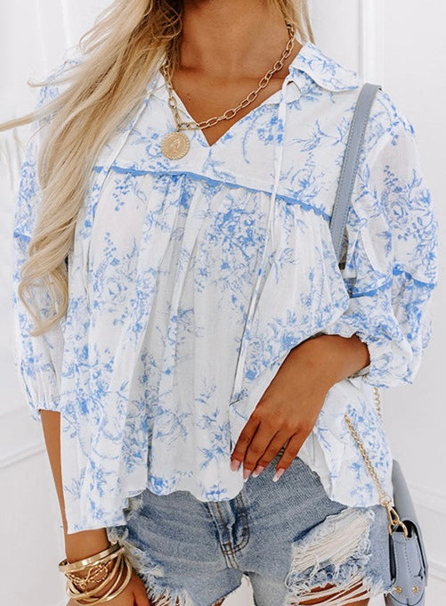 Blue Floral 3/4 Sleeve Tied Collar Blouse