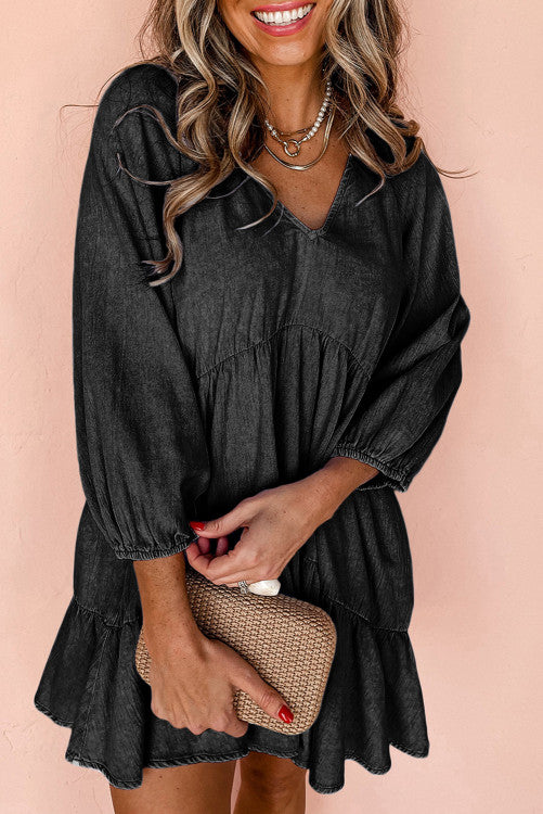 beau mini dress Beau Puff Sleeve V Neck Tiered Ruffled Chambray Mini Dress – Lovebug  Boutique