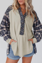 Load image into Gallery viewer, Floral Plaid Mixed Print Bishop Sleeve Patchwork Top
