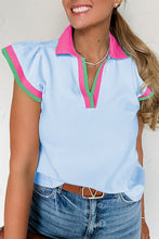 Load image into Gallery viewer, Contrast Ruffled Sleeve Collared V Neck Blouse
