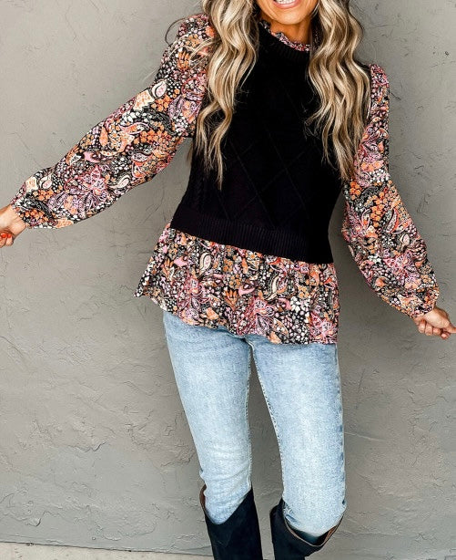 Black Contrast Floral Sleeve Peplum Sweater