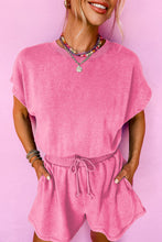 Load image into Gallery viewer, Mineral Wash Drawstring Waist Hollow Out Back Short Sleeve Romper
