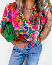 Load image into Gallery viewer, Print Lace up V Neck Short Sleeve Blouse
