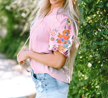 Load image into Gallery viewer, Floral Embroidered Puff Sleeve Split Neck Blouse
