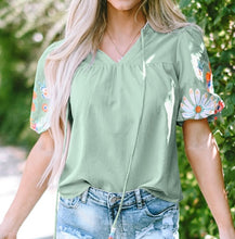 Load image into Gallery viewer, Floral Embroidered Puff Sleeve Split Neck Blouse
