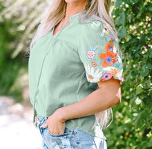 Load image into Gallery viewer, Floral Embroidered Puff Sleeve Split Neck Blouse
