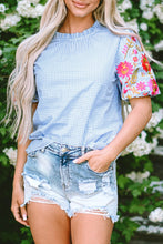 Load image into Gallery viewer, Gingham Floral Embroidered Puff Sleeve Blouse

