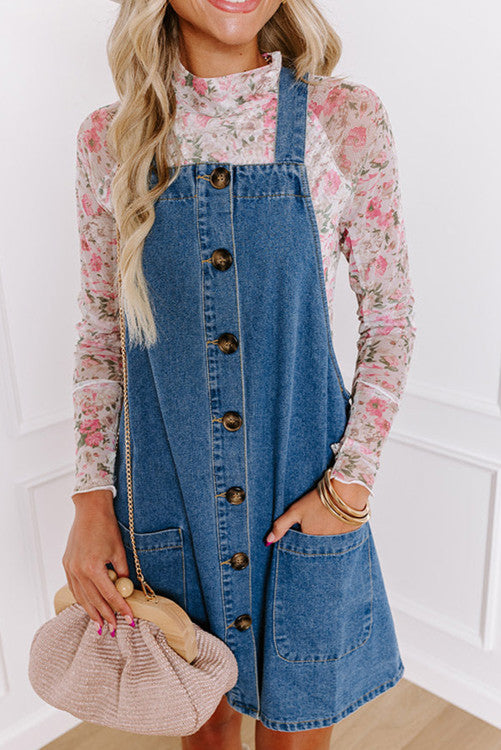 Button Front Pocketed Denim Mini Dress