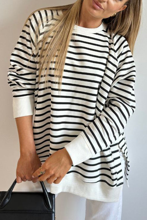 Stripe Raglan Sleeve Side Slits Loose Sweatshirt