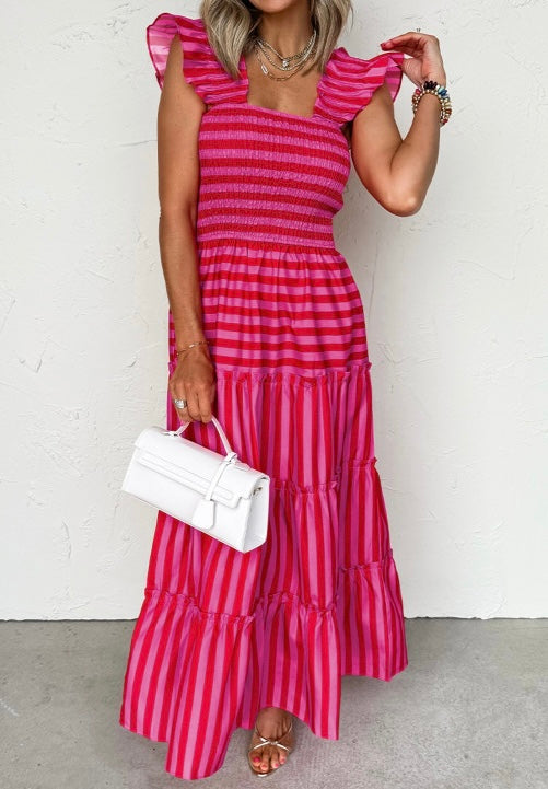 Stripe Flutter Sleeve Smocked Bodice Tiered Maxi Dress