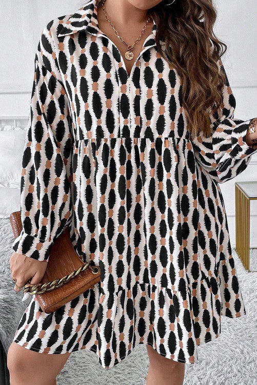 eometric Print Collared V Neck Plus Size Dress