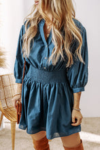 Load image into Gallery viewer, Blue 3/4 Sleeve Shirred High Waist Buttoned Mini Dress
