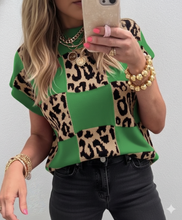 Load image into Gallery viewer, Leopard Checkerboard Short Sleeve Knit Sweater
