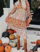 Load image into Gallery viewer, Floral Print Ruffled Tiered Long Sleeve V Neck Midi Dress
