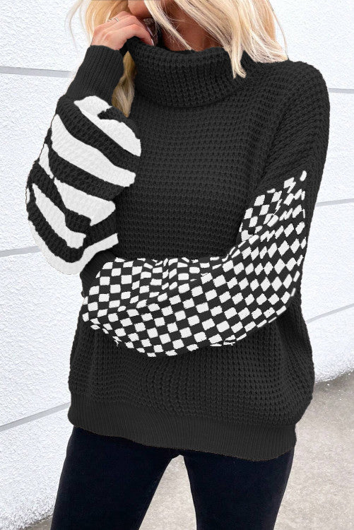 Mixed Print Patchwork Waffle Knit Turtleneck Sweater