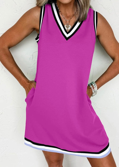 Color Contrast Trim V Neck Shift Sleeveless Mini Dress