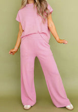 Load image into Gallery viewer, Textured Knit High Neck Loose Tee Elastic Waist Loose Pant Set
