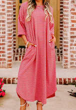 Load image into Gallery viewer, Strawberry Striped 3/4 Sleeve Round Hem Shift T Shirt Dress
