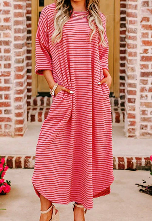 Strawberry Striped 3/4 Sleeve Round Hem Shift T Shirt Dress