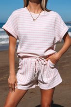 Load image into Gallery viewer, Stripe Knit Short Sleeve Top and Drawstring Shorts Set
