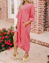 Load image into Gallery viewer, Strawberry Striped 3/4 Sleeve Round Hem Shift T Shirt Dress
