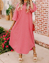 Load image into Gallery viewer, Strawberry Striped 3/4 Sleeve Round Hem Shift T Shirt Dress
