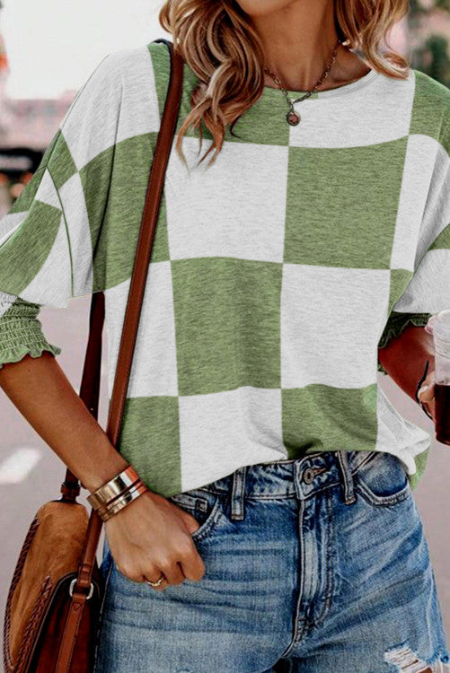 Mix Checkered Print Shirred Cuffs Blouse