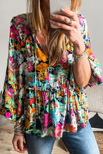 Load image into Gallery viewer, Floral Print Bubble Sleeve V Neck Ruffled Blouse
