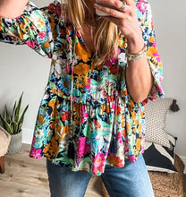 Load image into Gallery viewer, Floral Print Bubble Sleeve V Neck Ruffled Blouse
