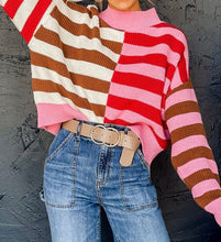 Load image into Gallery viewer, Striped High Neck Drop Shoulder Loose Sweater
