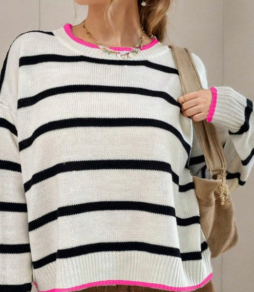 Color Contrast Drop Shoulder Crew Neck Sweater