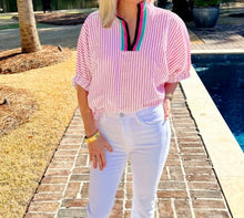 Load image into Gallery viewer, Sachet Pink Striped Print Contrast Split Neck Dolman Sleeve Blouse
