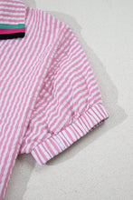 Load image into Gallery viewer, Sachet Pink Striped Print Contrast Split Neck Dolman Sleeve Blouse
