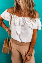 Load image into Gallery viewer, Off Shoulder Ruffle Knotted Detail Swiss Dot Blouse
