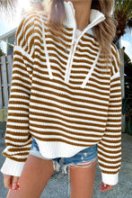 Load image into Gallery viewer, Stripe Zip up Collar Drop Shoulder Sweater
