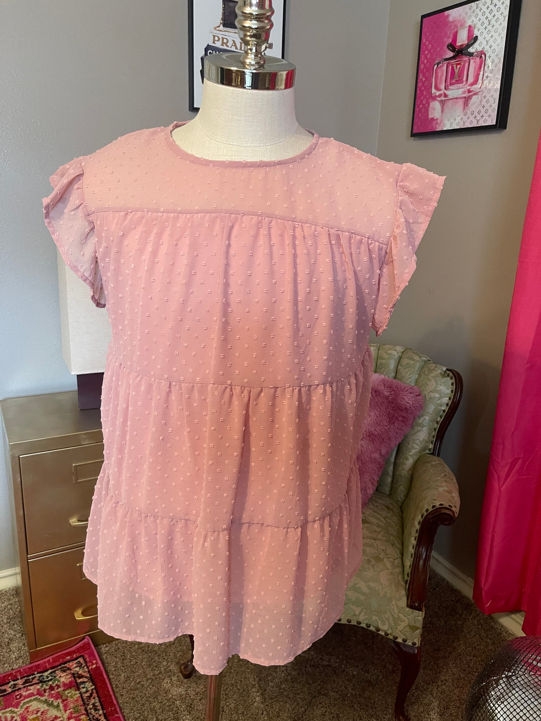 Large instock blush dotty Swiss babydoll top