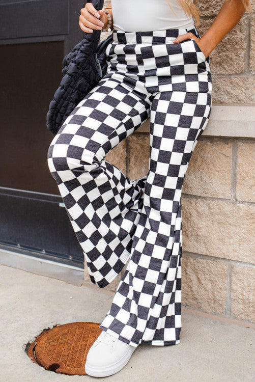 Checkerboard High Rise Casual Flared Pants