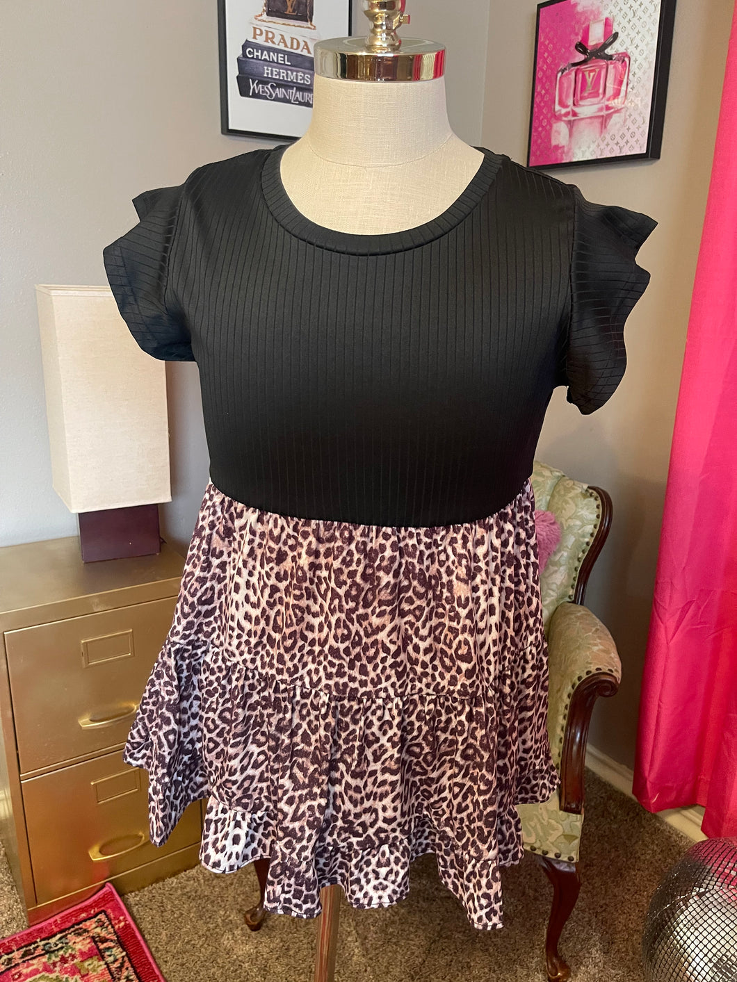 Large instock black leopard babydoll top