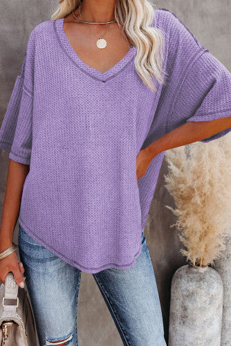 Exposed Seam Half Sleeve V Neck Textured Top
