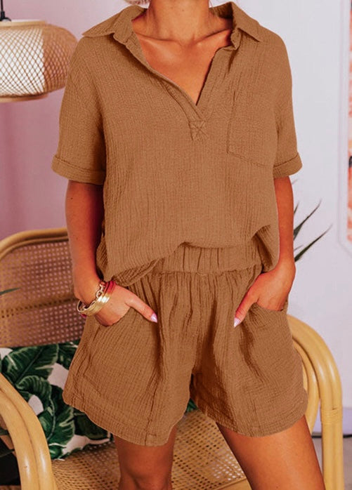 Chestnut Crinkle Textured Polo Shirt and High Waist Shorts Set