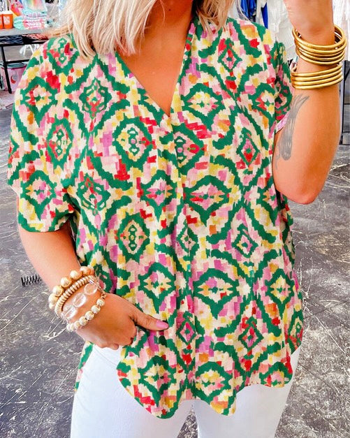 Abstract Print V Neck Short Sleeve Blouse