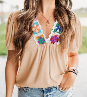 Crochet Floral V Neck Textured Short Sleeve Blouse